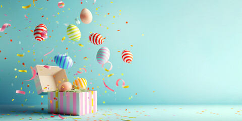 colorful easter eggs flying out of a gift box on a light blue background, beautiful Banner with copy space - 745292794