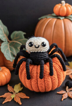 Knitted from wool cute spider, Halloween style, Japanese art - amigurumi