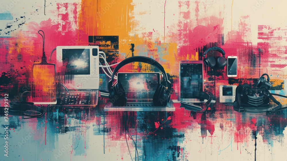 Poster abstract technology-themed collage with vibrant red and yellow accents, featuring a variety of devic