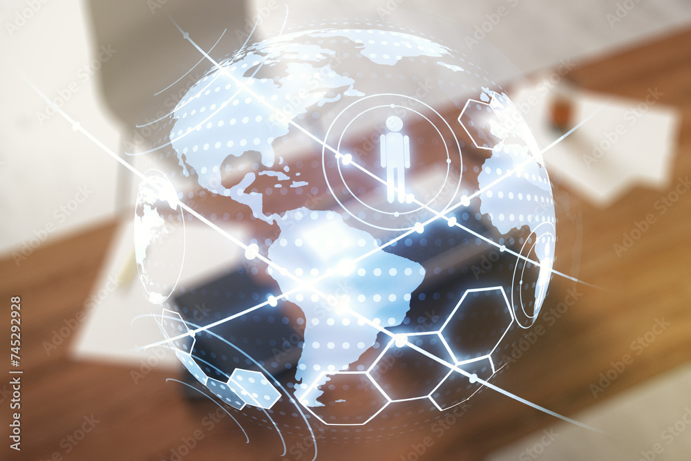 Poster social network media concept with world map and modern desktop with pc on background. double exposur