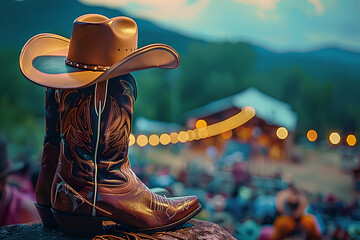 Live concert at a country music festival featuring cowboy hats boots and ranch stables

