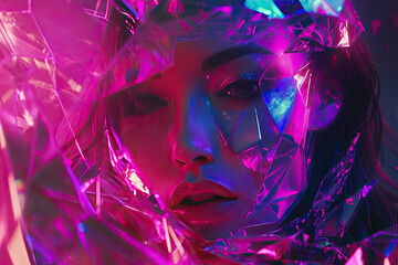 Woman With Purple and Blue Makeup Surrounded by Pink Foil