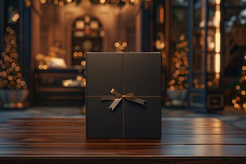 Dark gift box with a golden ribbon, set against the rich backdrop of a luxurious interior with festive decorations. Sophisticated present wrapped in a black box, golden bow gleaming - obrazy, fototapety, plakaty