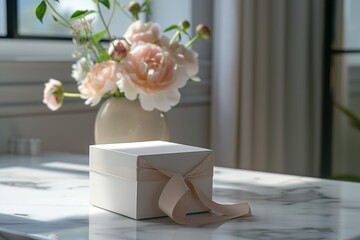Elegant gift box on a marble surface, silk ribbon loosely tied, soft daylight accentuating its simplicity and grace. satin bow untied, on polished stone counter, embodying understated sophistication.