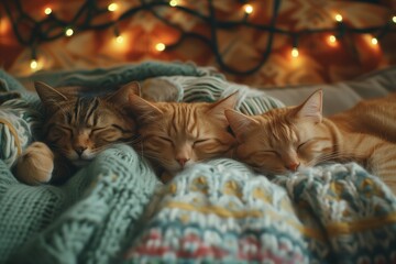 Content felines slumbering peacefully on a comfy blanket, amidst a fairy light ambience, embodying tranquility. Snoozing cats, wrapped in a woven throw, in the soft luminescence of string lights