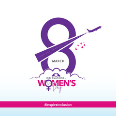 Women's Day Airline's women pilot concept social media theme banner poster, 2024 Women's Day campaign theme- #InspireInclusion, Females for feminism, independence, sisterhood, empowerment