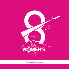 Women's Day Airline's women pilot concept social media theme banner poster, 2024 Women's Day campaign theme- #InspireInclusion, Females for feminism, independence, sisterhood, empowerment