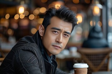 Confident man in a chic black jacket holds a takeaway coffee, his gaze intense against the café's blurred bokeh lights. Stylish male in dark attire with a coffee to go, his deep look contrasting