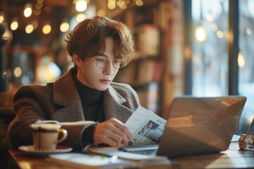Focused scholar with round spectacles delves into study at warmly lit cafe, hot drink and book by the laptop adding to the studious scene. Concentrated young academic in a turtleneck and tweed jacket - obrazy, fototapety, plakaty