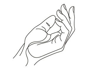 Vector image of the palm of the left hand raised up, in a linear style, on a white background.