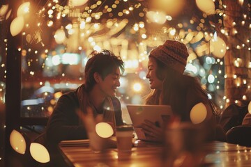 Two friends share laughter over a tablet in a café, their joyful interaction framed by the twinkling lights of the city. couple enjoys a delightful moment with a digital device at a night café - Powered by Adobe
