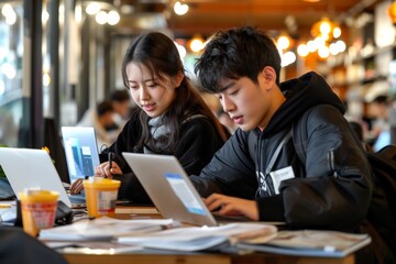 Focused students collaborate over laptops in a lively café, their academic determination mirrored in their serious expressions. Pair of scholars deeply engrossed in their study session