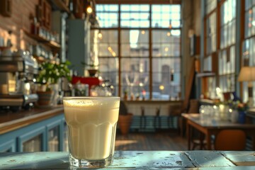 creamy latte in a clear glass sits on a sunlit café table, a peaceful urban retreat inviting a moment of repose. Sunshine illuminates a frothy coffee in a transparent cup, placed on a wooden surface.