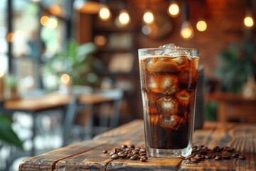 Iced coffee takes center stage on a rustic wooden table, with a café's ambient lights lending a cozy vibe to this refreshing scene. Chilled caffeinated drink in a tall glass, showcased on timber,