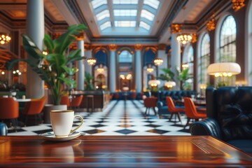 In a grandiose coffee house, an elegant cup rests on a polished table, with a luxurious interior stretching out beyond. refined setting of a spacious café is complemented by a single coffee cup, - obrazy, fototapety, plakaty