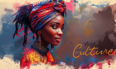Stunning African woman in traditional attire with a vibrant headwrap, the word Culture in the foreground, showcasing rich heritage and ethnic fashion