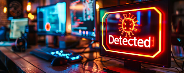 Computer monitor on a desk in a dimly lit office displaying a red alert warning of Virus Detected with a stylized virus icon, indicating a cybersecurity threat