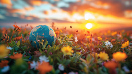 a surreal fusion of nature and cosmic elements, where Earth looms large over a lush, misty landscape bathed in the golden hues of sunrise, symbolizing hope and the interconnectedness of our world