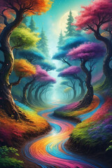 Obraz premium A diffuse array of colors spread like water, worlds appear within the swirls, a winding dirt road disappears amongst the trees