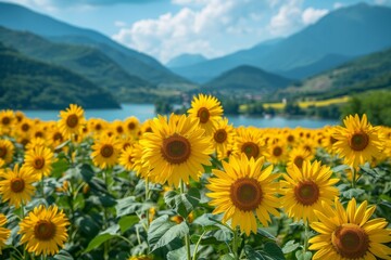 A vibrant sunflower field with a picturesque mountain background under a clear blue sky