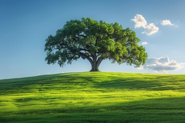 Obraz premium A solitary oak tree stands tall in a verdant field,a perfect symbol of strength and resilience in nature