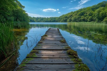 A tranquil scene with an old wooden dock stretching out towards a calm lake surrounded by lush green foliage
