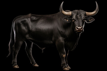 Naklejka premium Majestic Black Bull With Large Horns in the Dark