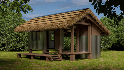 Fototapeta na wymiar A 3D-rendered simple hut with a thatched roof, surrounded by trees located in Southeast Asia.