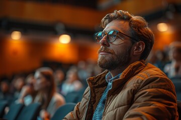 Obraz premium An engaged attendee in warm attire focused on absorbing the content of a speech in a brightly lit hall