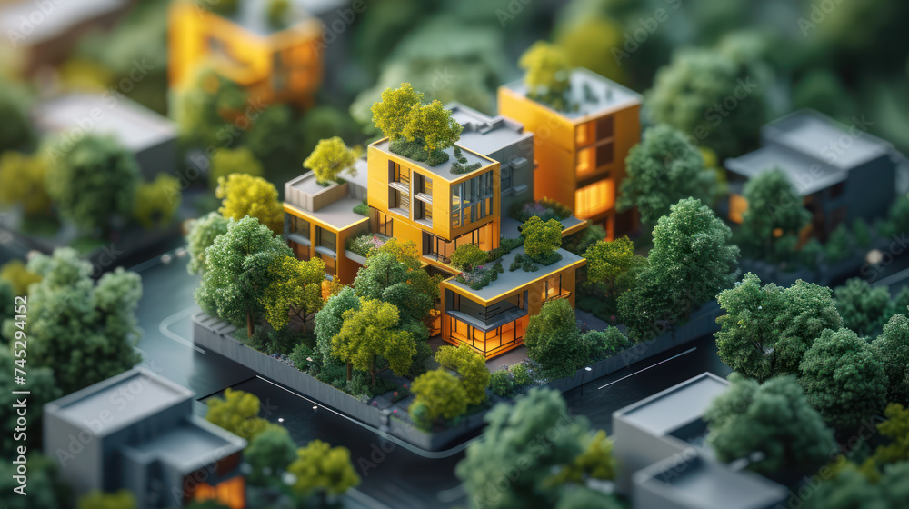 Poster a detailed architectural model home basks in soft daylight, surrounded by meticulously designed gree