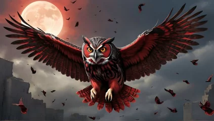 Stoff pro Meter Evil demonic Israeli owl dropping leaflets from the sky, extremely creative and unique, red and black owl, advance design, highly detailed and realistic, inspired by Apollyon © Zulfi_Art