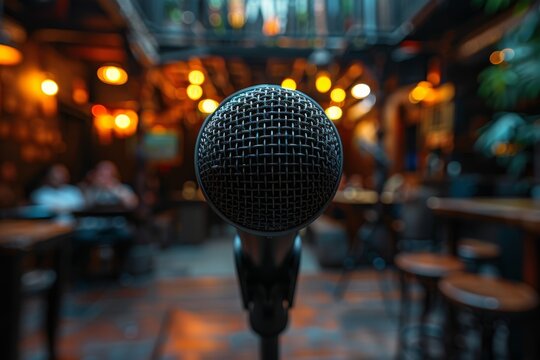Close-up of a microphone at a cozy venue, with a soft focus on the ambient bar scene and patrons in the background, highlighted by warm, inviting lights