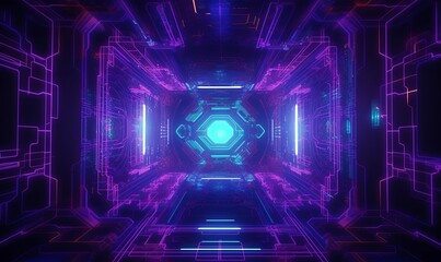 Digital neon space with cyber connections background. Gateway purple and 3d led glow in empty rhombus futuristic tunnel