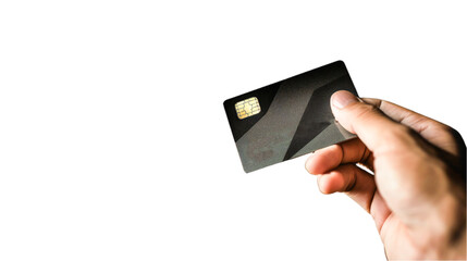 Hand holding a black credit card, isolated on white background