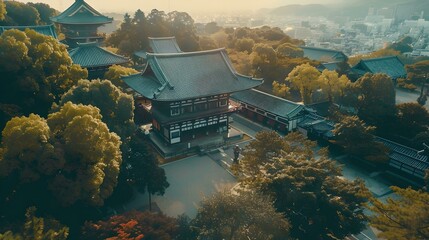 Majestic traditional asian temple amidst autumn trees, serene scenic view at sunrise. idyllic cultural landmark in misty landscape. tourist attraction. AI - obrazy, fototapety, plakaty