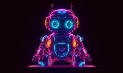 Toy robot on wheels with neon glow background. Digital 3d purple assistant droid with cheerful cyber design and antennas