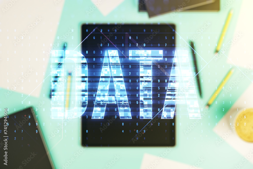 Aufkleber creative data word hologram and modern digital tablet on background, big data and blockchain concept