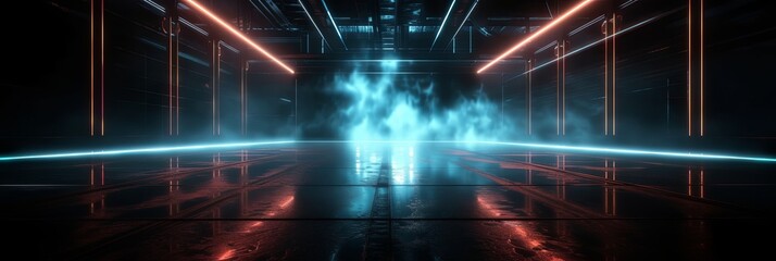Dark techno hall with blue smoke background. Black blank and smoky 3d room with neon light shining down from ceiling. Fog glows blue in spotlight creating an abstract scene