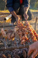 Delicious bbq kebab and chickens grilling on open grill.