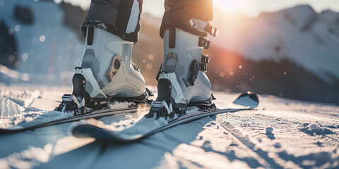 Ready to Ski: Close-up of Ski Boots on Fresh Snow. Skier's feet clad in modern ski boots, against a snowy backdrop with falling snowflakes.