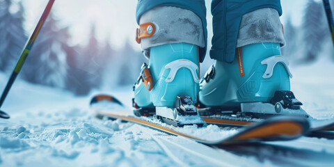 Ready to Ski: Close-up of Ski Boots on Fresh Snow. Skier's feet clad in modern ski boots, against a snowy backdrop with falling snowflakes. - obrazy, fototapety, plakaty