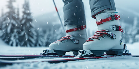 Ready to Ski: Close-up of Ski Boots on Fresh Snow. Skier's feet clad in modern ski boots, against a snowy backdrop with falling snowflakes. - obrazy, fototapety, plakaty