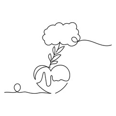 LIne art illustration heart and brain connection. Healthy heart, positive mental well being concept.