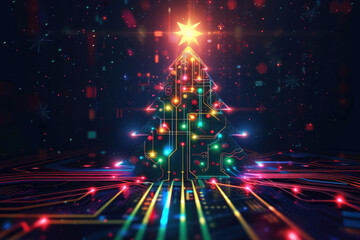 Brightly Lit Christmas Tree on Dark Background