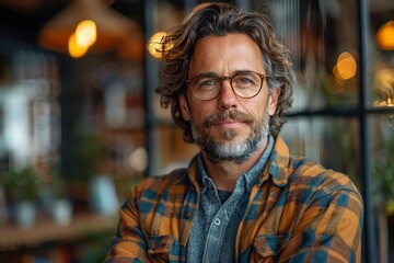 Obraz premium A casually dressed man smiles subtly at the camera, sitting in a well-lit cafe with a stylish background