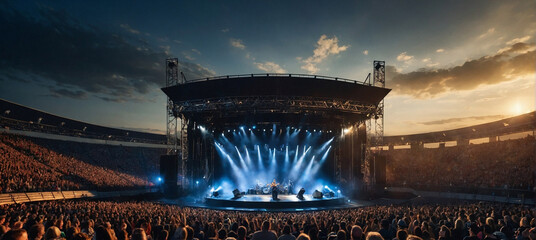 Rock concert stage with lights in a stadium. Youth and lifestyle concept. Festival idea. Copy space.