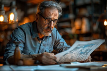 A skilled architect immersed in reviewing architectural plans in a well-lit workshop