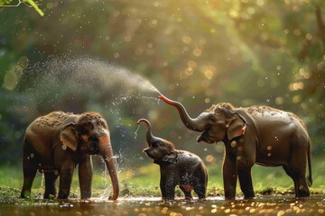 A family of elephants with the baby playfully spraying water on its parents in a joyful moment