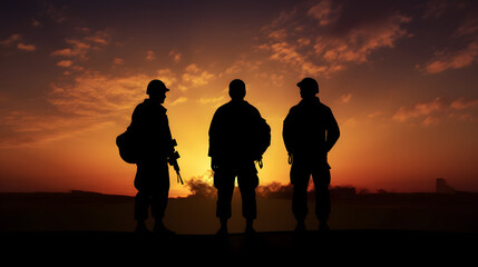 Fototapeta na wymiar silhouette of u s military men and veterans at sunset