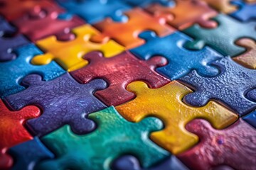 Close-up of brightly colored jigsaw puzzle pieces interlocking, highlighting the concept of problem-solving